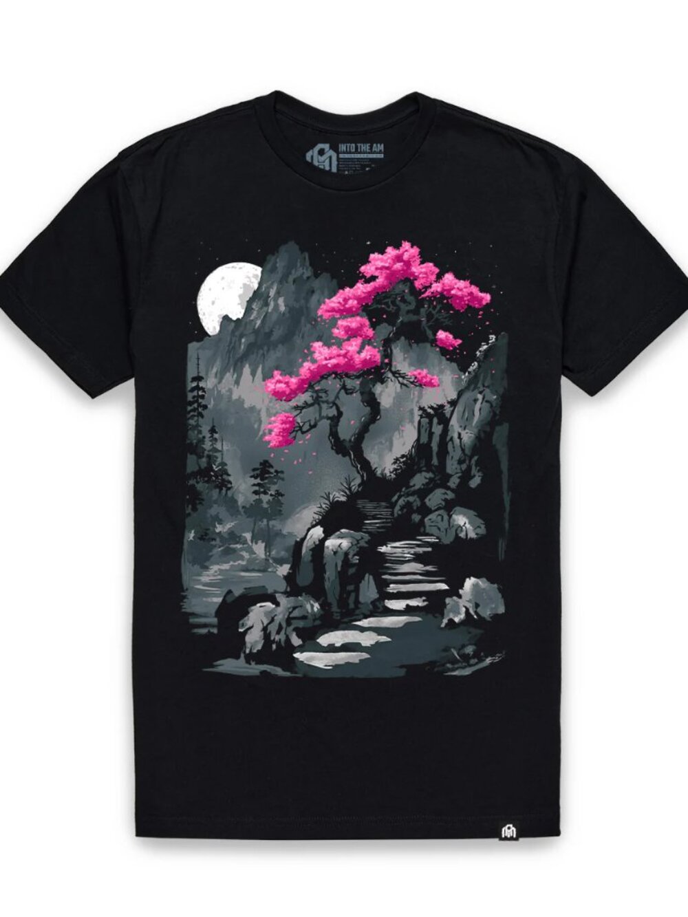 Black Moonlit Cherry Blossom Graphic Tee Zen Mountain Path Art Shirt